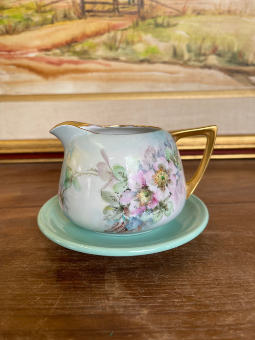 Vintage Hand-Painted Floral Creamer and Saucer Set with Gold Trim