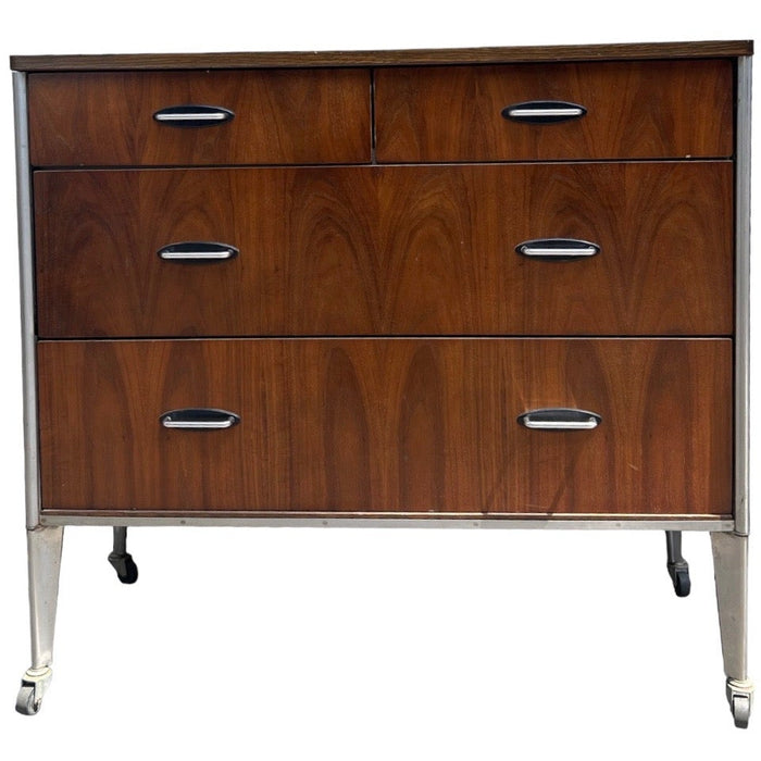 Vintage Mid Century Modern Dresser By Raymond Loewy For Hill Rom Walnut With Casters (Available for Online Purchase Only)