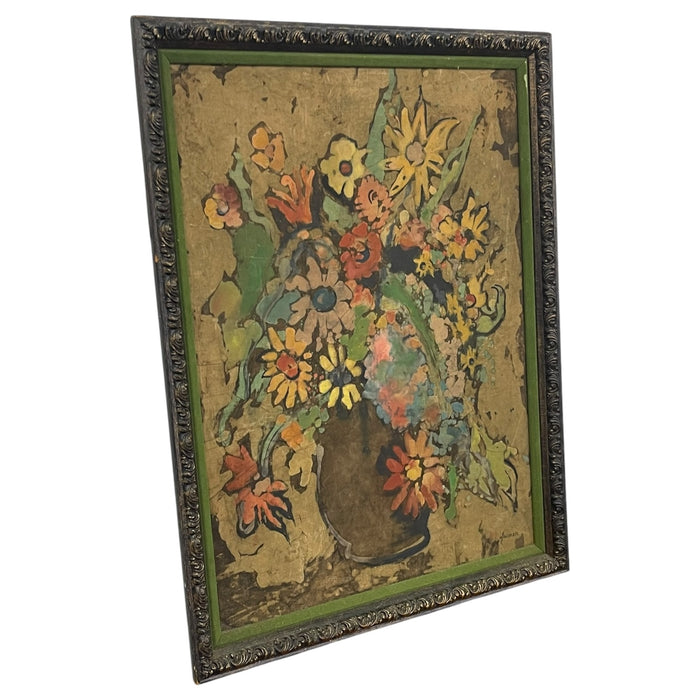 Vintage Signed Floral Still Life Mixed Media Painting on Textured Board in Ornate Frame Possible Batik Print.