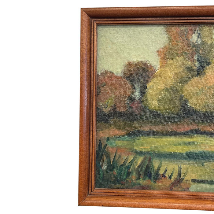 Signed Landscape Painting of Pond with Autumn Trees in Wood Frame