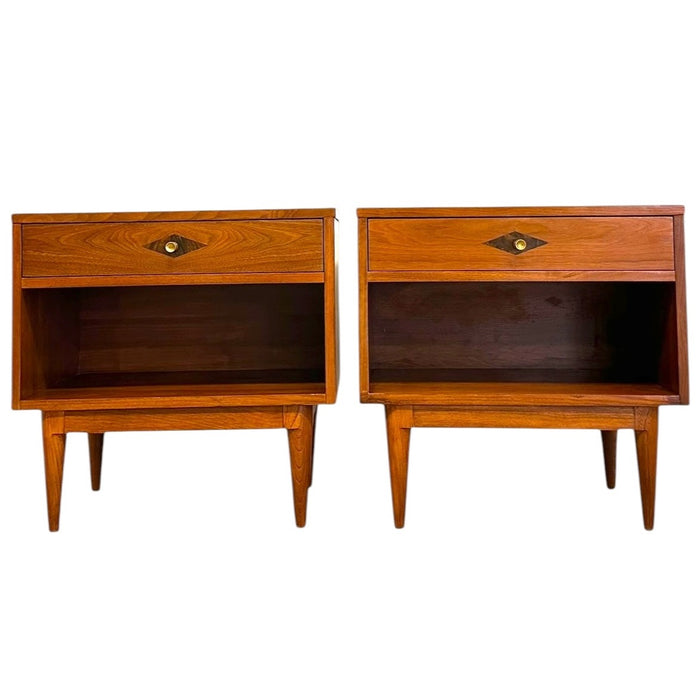 Vintage Mid-Century Modern End Table Set With Diamond Parquet Accent Inlay and Dovetailed Drawers