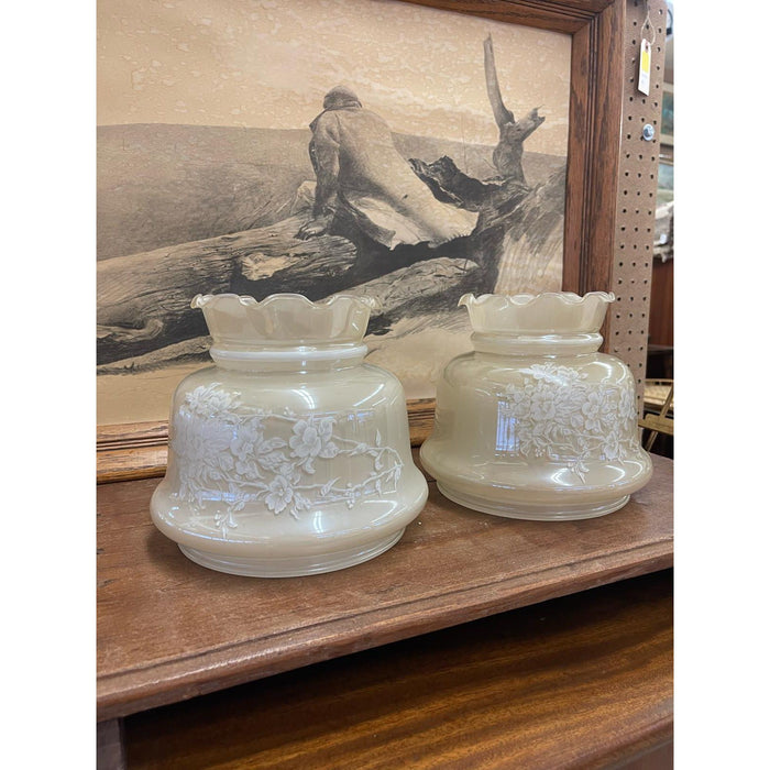 Vintage Pair of Frosted Glass Lamp Shades With Rose Motif