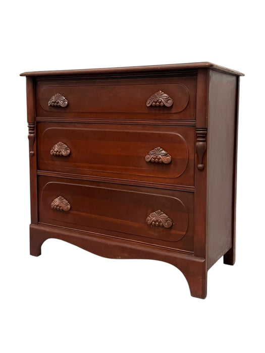 Vintage Mahogany Wood Dresser 3-Dovetailed Drawers with Solid Wood Ornate Pine Cone Handle Design