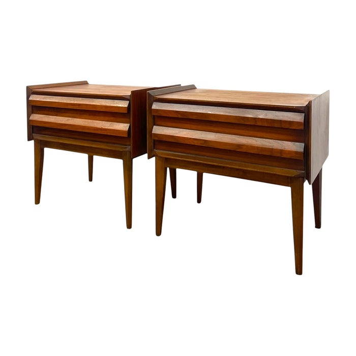 Vintage Lane First Edition Mid Century Modern Walnut Nightstand End Table Set by Lane Furniture.