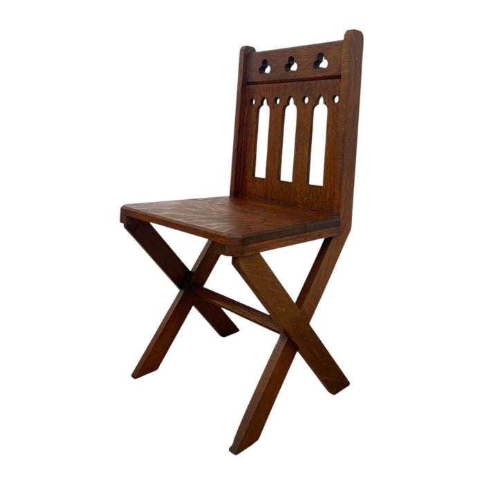Antique Gothic Revival Oak X-Frame Accent Chair