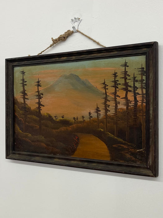 Vintage Framed Landscape Painting of Mountain Path at Sunset, Signed, Folk Art Style