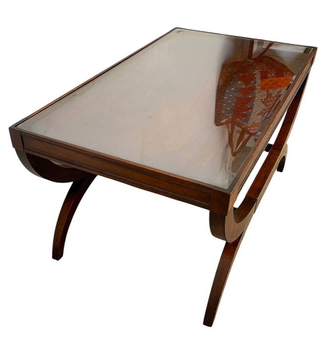 Vintage Neoclassical Style Coffee Table with Removable Glass Top, Curved Saber Legs and Floral Inlay Accents
