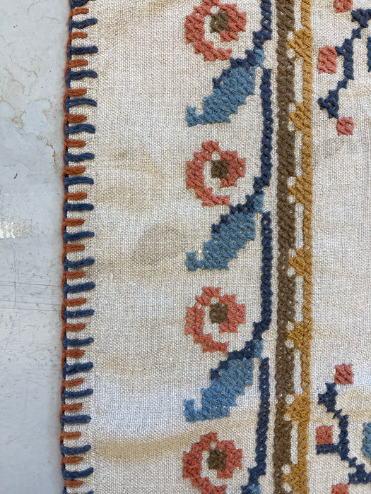 Vintage Hand-Embroidered Possibly Wool and Linen Floral Folk Art Rug with Geometric Border