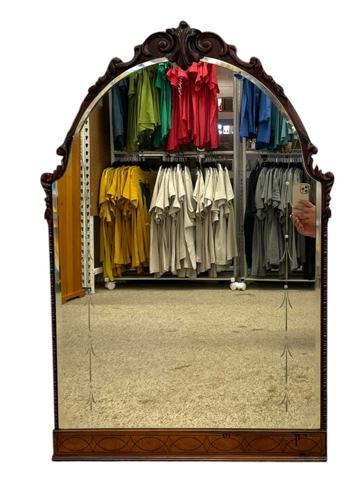 Vintage Carved Wood Arched Wall Mirror with Etched Glass Panels