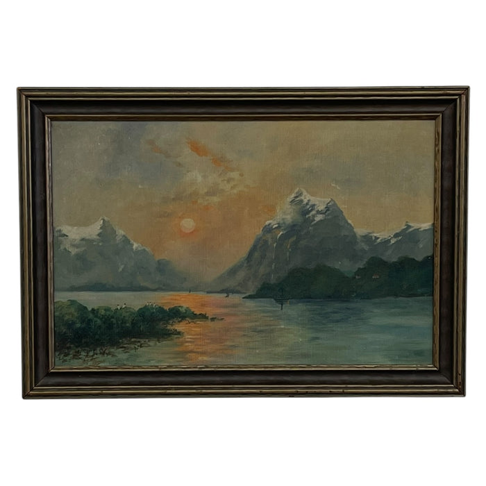 Vintage Framed Mountain Landscape Painting, Snow-Capped Peaks at Sunset, Mid-Century Scenic Wall Art.