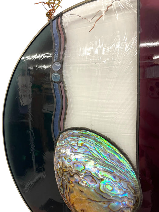Vintage Signed Stained Glass Round Panel with Abalone Shell, Hanging Wall Art Suncatcher