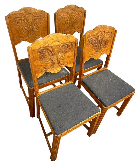 Vintage Set of 4 Carved Dining Chairs with Upholstered Seats.