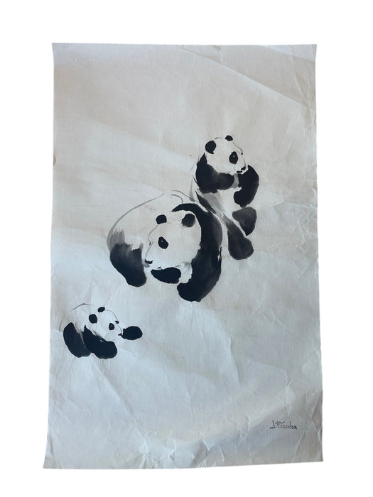 Vintage Chinese Brush Painting of Panda Family by J.P. Gaston - Sumi-e Style Wildlife Ink Art on Rice Paper.