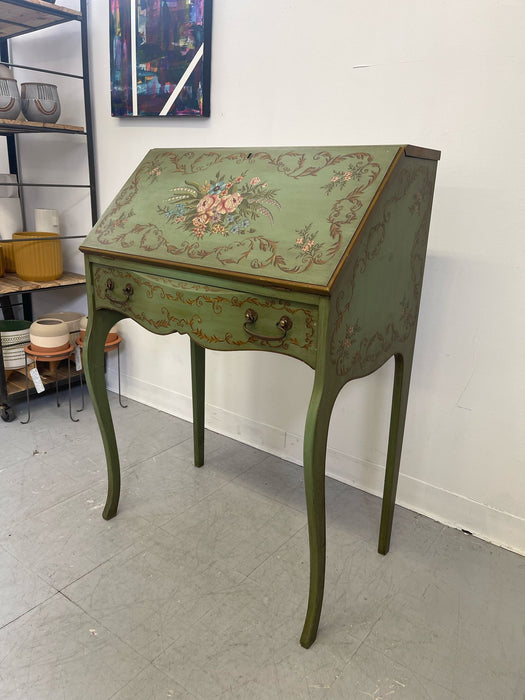 Vintage French Regency Style Bureau Desk With Hand Painted Floral Motif With Chair. Set of 2