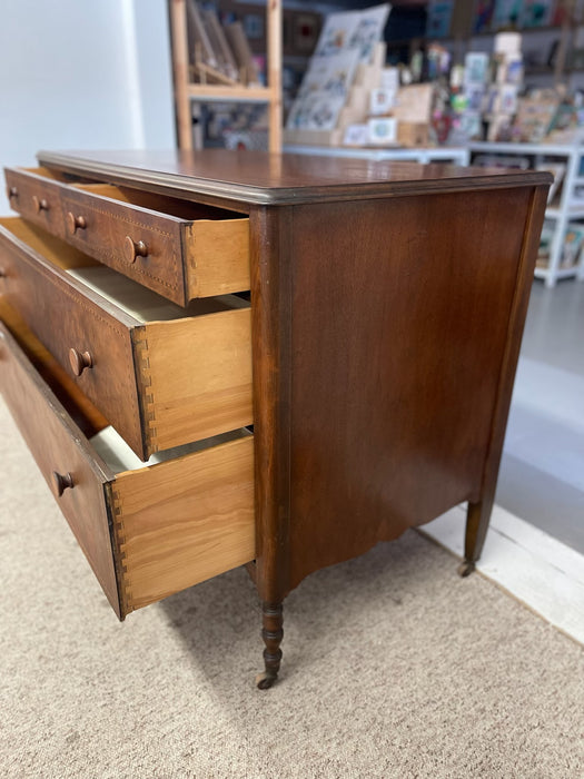 Possibly Early 19th Century Likely Mahogany Chest of Drawers with Dovetailed Drawers, Burl accents, Wood Inlay, and Turned Knobs, Stamped
