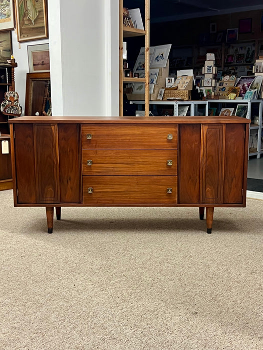 Vintage Mid Century Modern Walnut Wood Credenza Buffet 3 Drawers with Milled Metallic Knobs