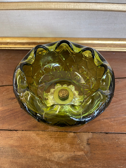 Vintage Green Pressed Glass Bowl with Scalloped Rim and Silver-Toned Floral base.