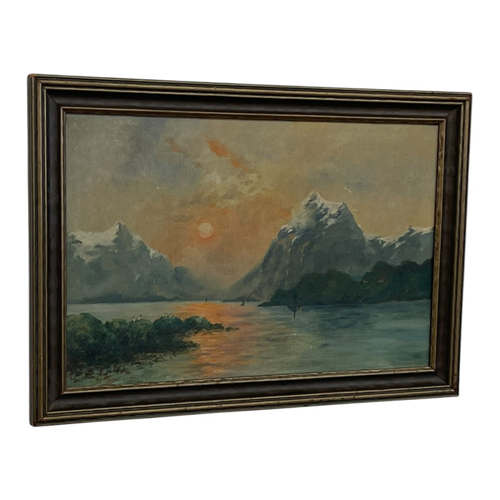 Vintage Framed Mountain Landscape Painting, Snow-Capped Peaks at Sunset, Mid-Century Scenic Wall Art.