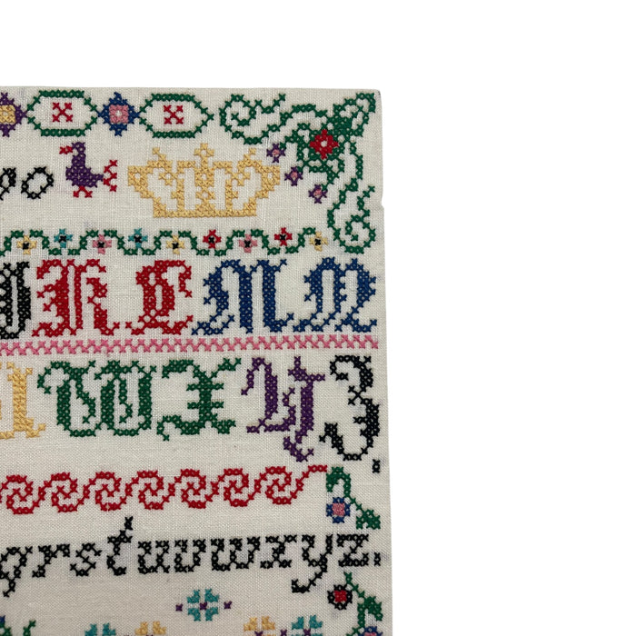 Vintage Hand-Stitched Cross Stitch Alphabet Sampler Needlework Folk Art Textile