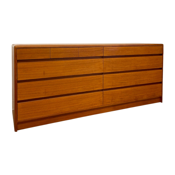Vintage Mid Century Modern Teak Long Lowboy Double Dresser Credenza.