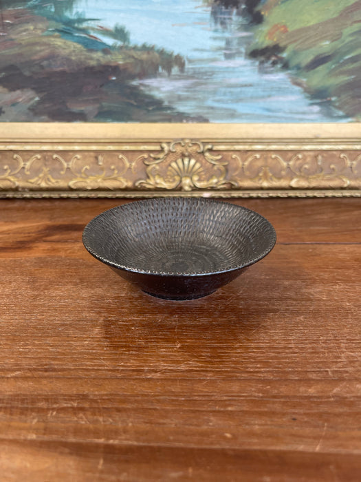Textured Studio Pottery Bowl in Dark Iron-Glaze Finish with Radiating Pattern