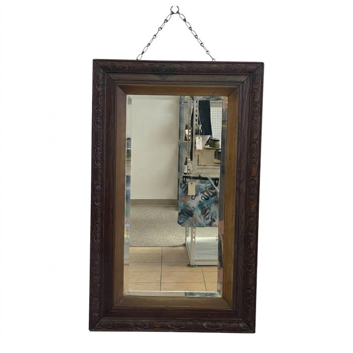 Victorian 1890s UK import Carved Oak Wall Mirror with Beveled Glass and Hanging Chain