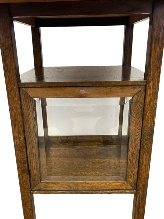 Vintage Arts & Crafts Side Table with Hammered Brass Tray Top and Glass Display Cabinet