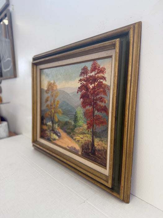 Signed Vintage Framed Scenic Landscape Oil Painting featuring Trees, Mountain Path, Rustic Wall Art, Mid Century Modern Style Original Nature Artwork