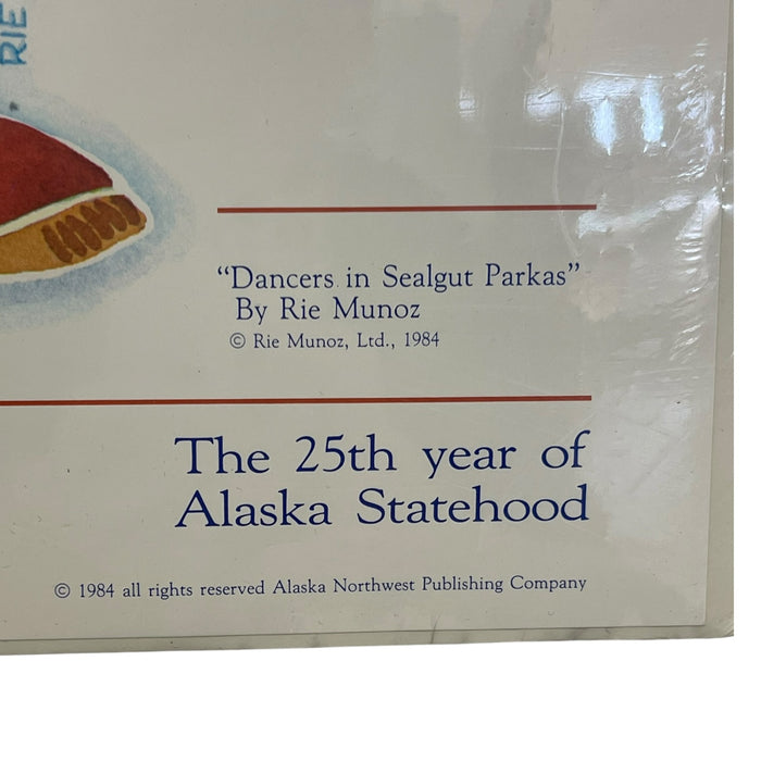 1984 Alaska Northwest Trade and Travel Fair Poster by Rie Munoz, Dancers in Sealgut Parkas, Seattle Center