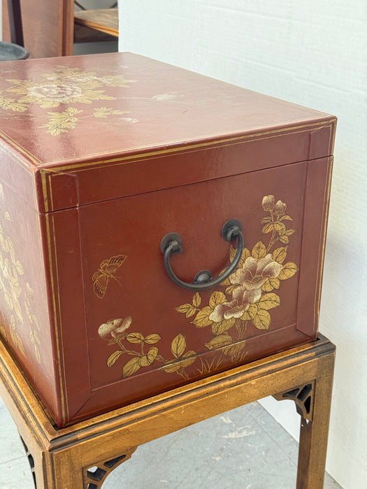 Vintage Mid Century Modern Style Asian Lacquered Style Storage Accent Table with Floral & Bird Motif with Removable Chest