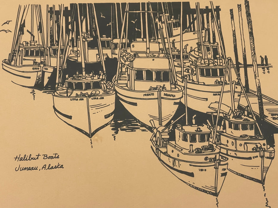Mid-Century Style Bruce Boyd "Halibut Boats, Juneau, Alaska" Framed Graphic Maritime Print