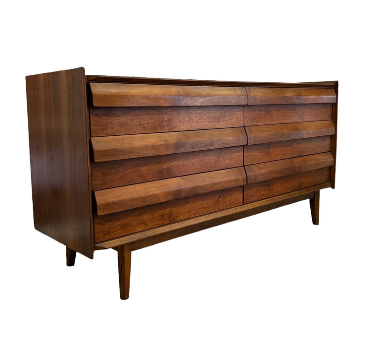 Vintage Mid Century Modern Lane Walnut First Edition Six Drawer Dresser Dovetailed Drawers