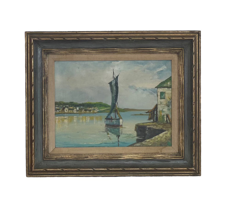 Title Vintage framed painting depicting a boat scene (Available by Online Purchase Only)