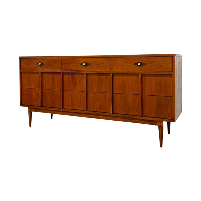 Vintage Mid-Century Modern 9 Drawer Dresser With Diamond Parquet Accent Inlay and Dovetailed Drawers