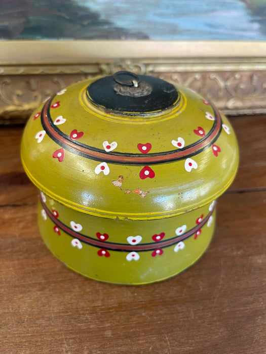Vintage Hand-Painted Lacquered Wood Lidded Box with Heart Motif
