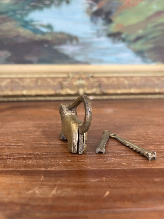 Antique Likely Brass Figural Dog Puzzle Lock with Original Keys, Early 20th Century