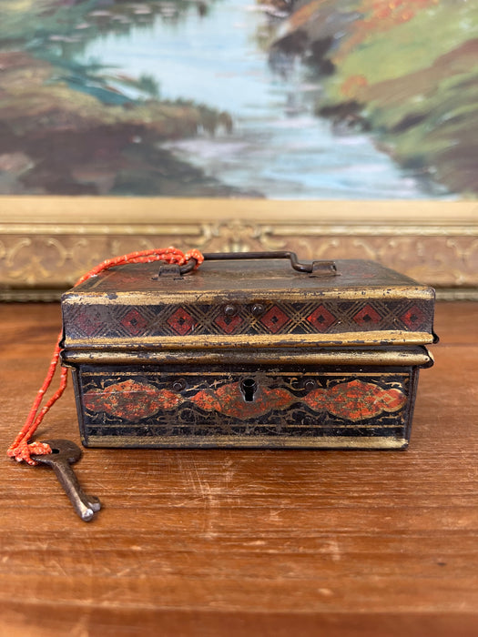 Likely Antique Toleware Painted Tin Lock Box with Key, 19th Century