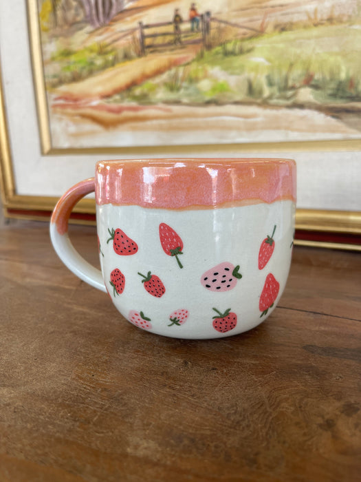 Handmade Wheel-Thrown Ceramic Strawberry Mug with Peach Glaze Interior