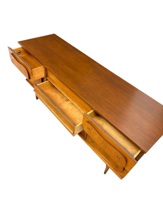 Vintage Bassett Monterey Mid-Century Modern Walnut 5-Drawer and 9-Drawer Dresser Set with Rosewood ‘X’ Inlays by Leo Jiranek Circa 1963