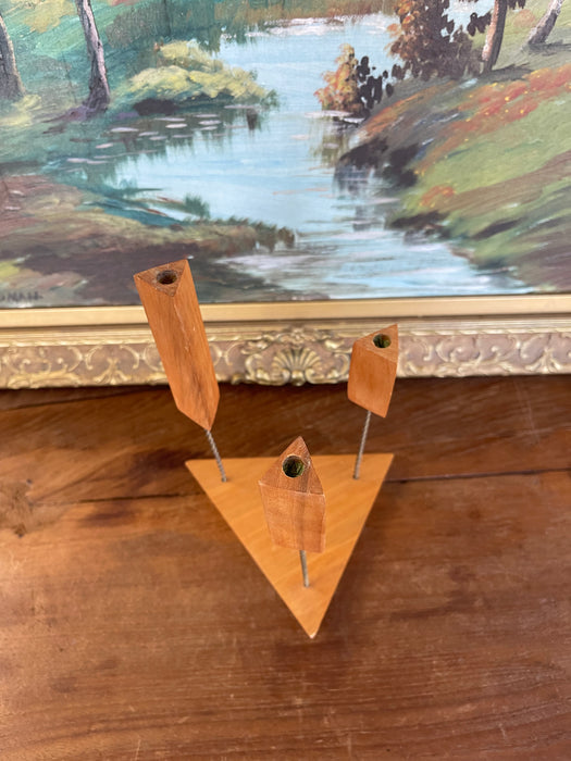 Mid-Century Modern Possibly Teak and Twisted Metal Triple Candle Holder with Geometric Base