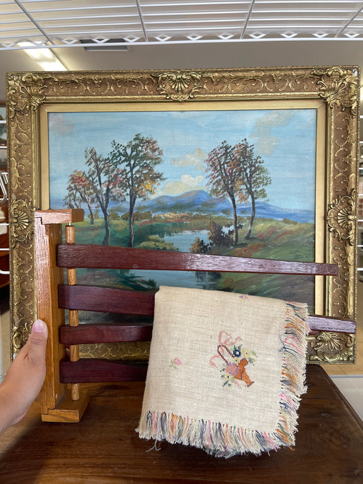 Vintage Wooden Swing-Arm Wall-Mounted Quilt or Towel Rack in Likely Oak and Mahogany.