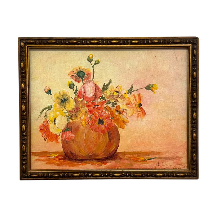 Vintage Floral Still Life Oil Painting – Signed A. Hoodless – Framed Impressionist Flower Art