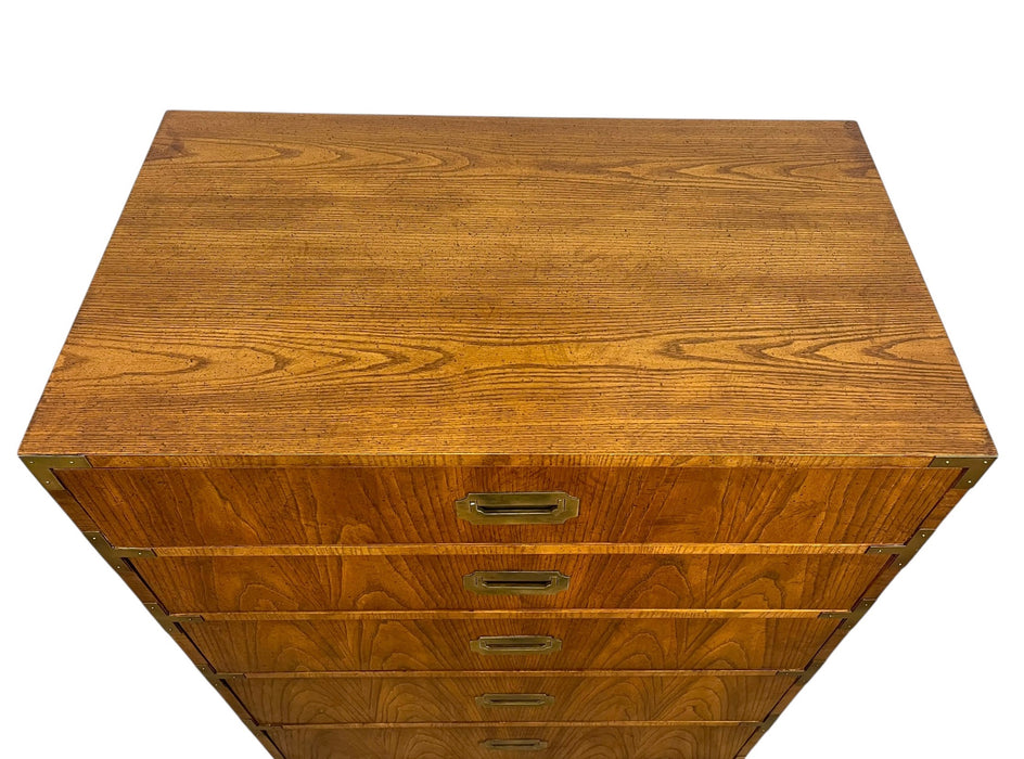 Vintage Campaign Style Five Drawer Dresser by Dixie with Brass-Toned Hardware and Dovetailed Drawers
