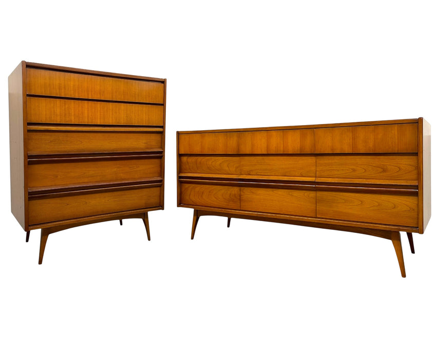 Vintage Mid-Century Modern Matching Dresser Set - 9-Drawer Low Dresser & Highboy with Sculpted Integrated Pulls and Dovetail Drawers