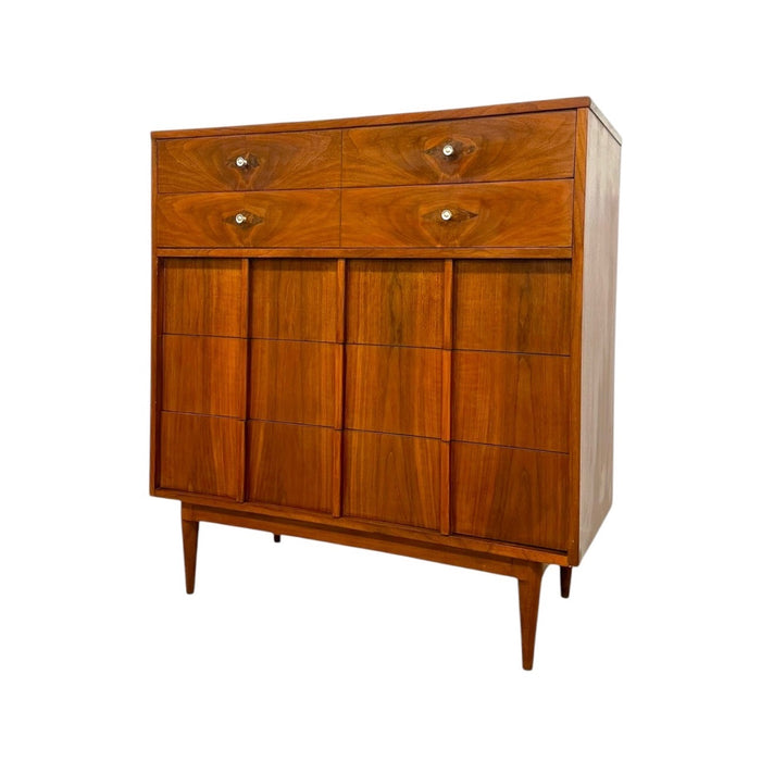 Vintage Mid-Century Modern Walnut 4-Piece Bedroom Set With Diamond Parquet Accent Inlay– Highboy, Long Dresser, & End Table Set