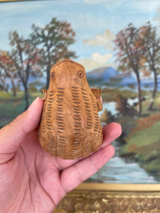 Hand-Carved Mid-20th Century Wooden Frog Sculpture with Incised Detailing