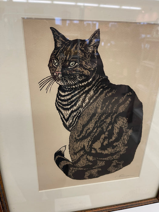 Vintage Framed Woodcut Cat Print Signed by Artist L. Thiemann