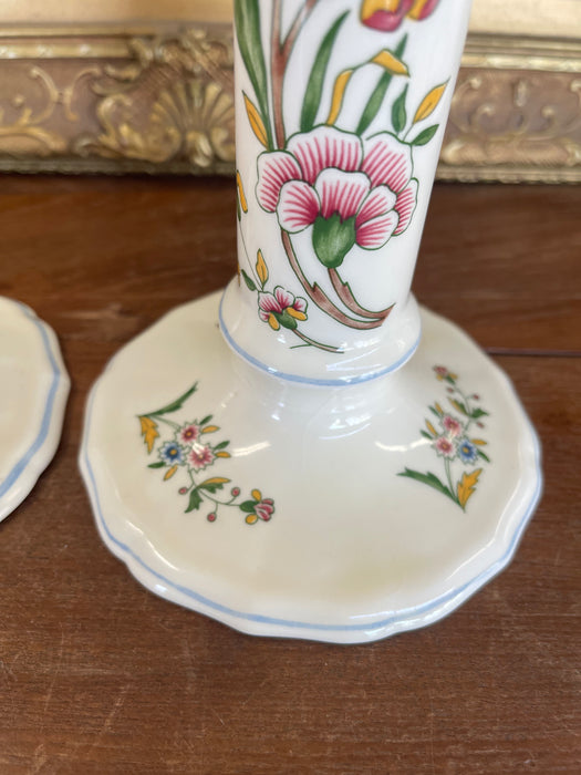Pair of Hand-Painted French chinoiserie Style Gien France Ceramic Candlesticks - Floral Motif, Stamped