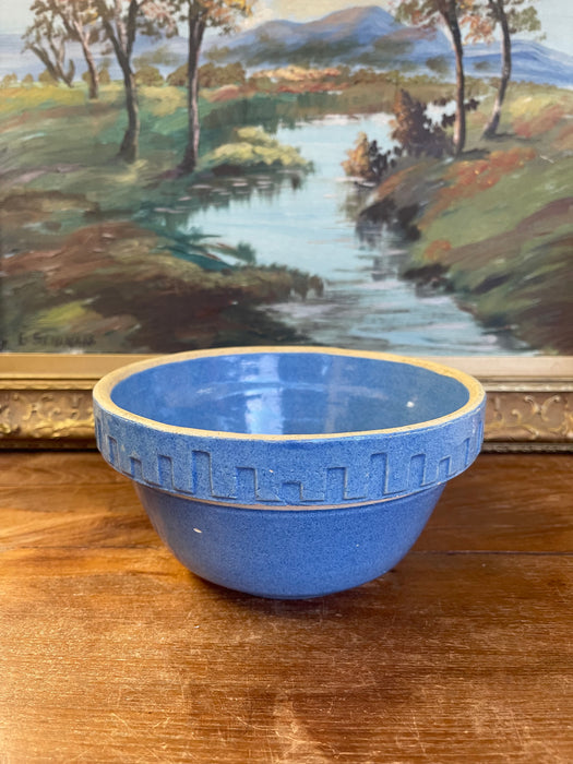Vintage Blue Stoneware Mixing Bowl with Geometric Band - Marked "NI-L"