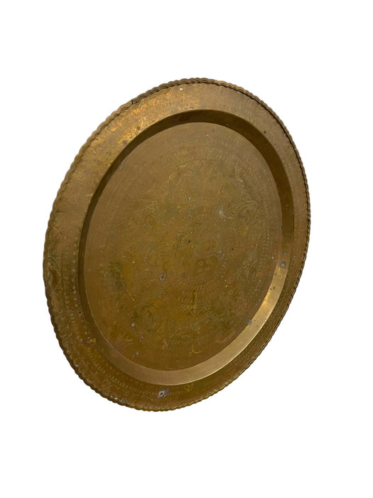Large Decorative Engraved Brass-Toned Tray with Scalloped Edge and Figural Motifs